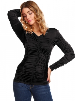 

Black Solid Ruched Long Sleeve V-neck Slim Tops, Multicolor