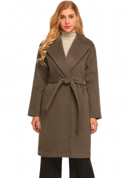 

Brown Women Winter Fashion Lapel Long Sleeve Open Front Belted Wool Blend Coat, Multicolor