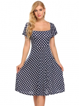 

Dot Women Fashion Square Neck Short Sleeve Floral A-Line Dress, Multicolor
