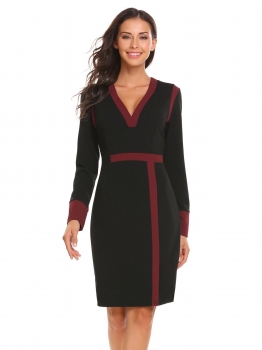 

Black Long Sleeve V-neck Patchwork Package Hip Knee OL Pencil Dress, Multicolor