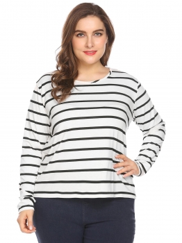 

Plus Size O-Neck Long Sleeve Striped Tops, Multicolor
