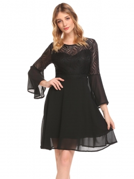 

Black Women Bell Sleeve Lace Chiffon Patchwork Fit and Flare Casual Party Dress, Multicolor