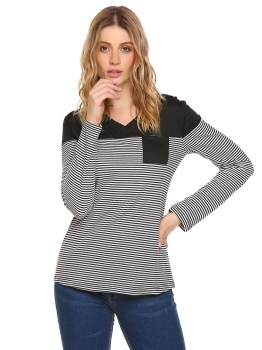 

Black Long Sleeve V-neck Striped Front Pocket Tops, Multicolor