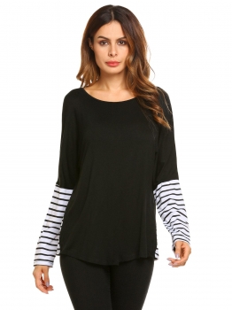 

Black Long Sleeve Patchwork Tee Striped Loose Tops, Multicolor