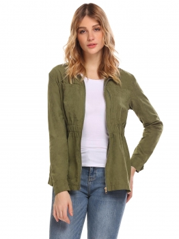 

Army green Women Stand Collar Long Sleeve Tunic Jacket Elastic Waist Slim Fit Outwear, Multicolor