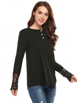 

Black Long Sleeve Basic Tee Solid Front Button Loose Tops, Multicolor