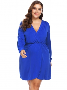 

Blue Women Plus Size V-Neck Long Sleeve Ruched Wrap Front Dress, Multicolor