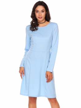 

Blue Women Casual O-Neck Long Sleeve Solid A-Line Pleated Sexy Dress, Multicolor