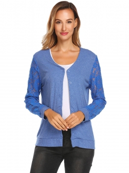 

Blue Women Casual V-Neck Long Sleeve Lace Button Knitted Cardigan, Multicolor