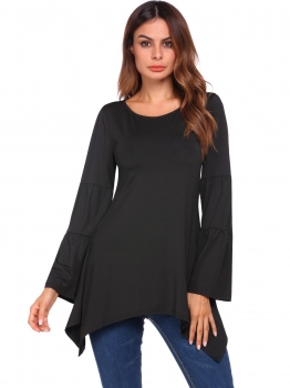 

Black Solid Round Neck Long Sleeve Irregular Basic Tops, Multicolor