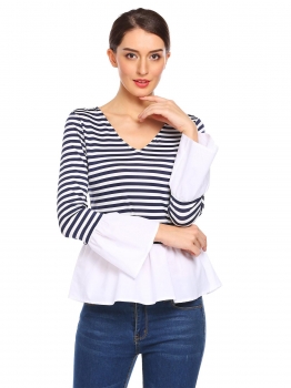 

Blue white Women Flare Sleeve Striped V-neck T-shirt Pleated Hem Patchwork Slim Bodysuit, Multicolor