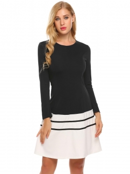 

Black Women Casual O Neck Long Sleeve Slim Waist Hem Patchwork A-Line Dress, Multicolor