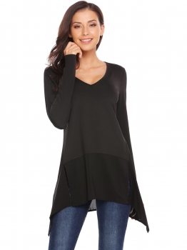 

Black V Neck Asymmetric Patchwork Hem Solid Tunic Tops, Multicolor