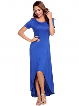 

Blue O-Neck Solid Asymmetrical Hem Maxi Dress, Multicolor