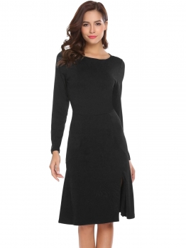 

Black Women O-Neck Long Sleeve Split Hem Solid Slim Fit A-Line Dress, Multicolor