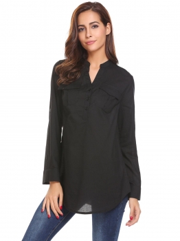 

Black V-Neck Long Sleeve Solid Button Pocket Casual Tops, Multicolor
