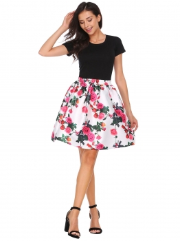 

White red Elastic Waist Pleated Floral Print Skirt, Multicolor