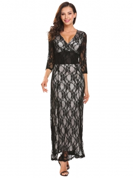 

Black V-Neck Long Sleeve Lace Maxi Dress, Multicolor