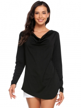 

Black Cowl Neck Long Sleeve Solid Asymmetrical Blouse, Multicolor