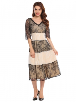 

Apricot Women's V-Neck Half Sleeve Lace Patchwork Fit and Flare Midi Dress, Multicolor