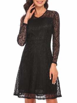 

Black Long Sleeve Lined Floral Lace Cocktail A-Line Party Dress, Multicolor