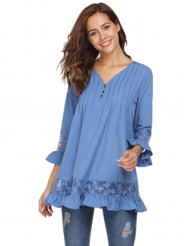 

Blue Women Long Sleeve V-neck Shift Loose Casual Top, Multicolor