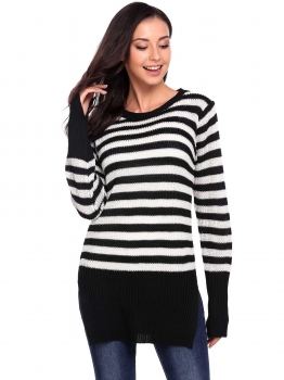 

Black Long Sleeve Pullover Crewneck Stripe Side Split Hem Sweater, Multicolor