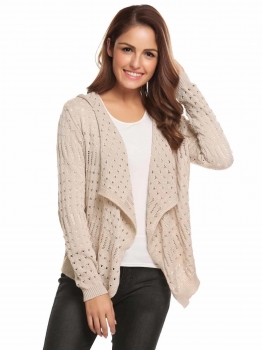 

Beige Women Casual Hooded Thread Hem and Cuffs Front Open Hollow Out Knitted Cardigan, Multicolor