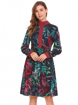 

Navy blue Women Vintage Style Long Sleeve Printing A-line Shirt Dress, Multicolor