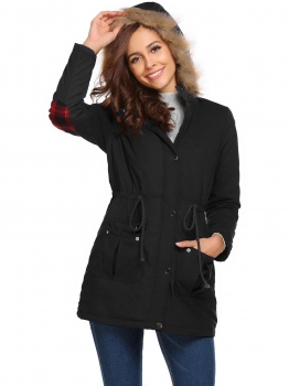 

Black Casual Hooded Thickened Warm Solid Zipper Long Jacket, Multicolor