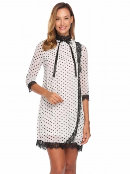 

Beige Stand Collar Lace Up 3"4 Sleeve Straight Loose Dress, Multicolor