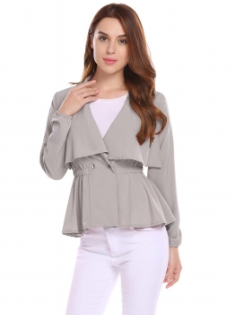 

Grey V-Neck Long Sleeve Elastic Waist A-Line Pleated Hem Jacket, Multicolor