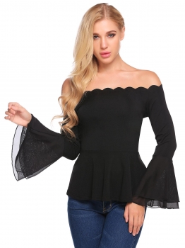 

Black Scalloped Neck Off Shoulder Flare Sleeve Slim Fit Peplum Top, Multicolor