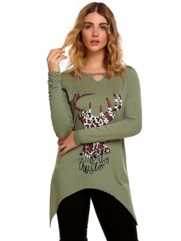 

Army green Women Fashion Long Sleeve Printed Keyhole Asymmetric T-Shirt, Multicolor