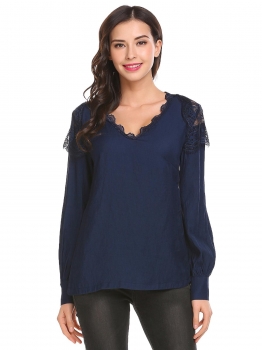 

Navy blue Women Casual V-Neck Long Sleeve Lace Patchwork Blouse, Multicolor