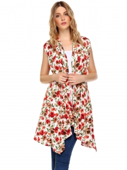

Brown Floral Draped Open Sleeveless Front Asymmetrical Long Cardigan, Multicolor