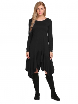 

Black Long Sleeve Solid Irregular Ruffles Dress, Multicolor