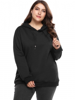 

Black Plus Size Long Sleeve Fleece Solid Hoodie with Drawstring, Multicolor