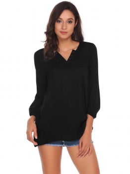 

Black O-Neck Button 3"4 Sleeve Solid Casual Loose Blouse Tops, Multicolor