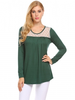 

Dark green Women Long Sleeve Lace Patchwork Pleated Front Casual Tops, Multicolor