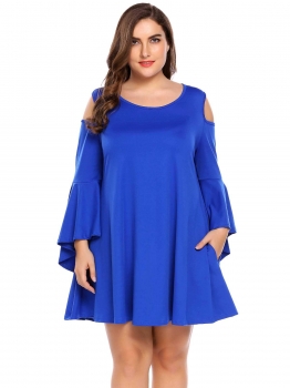 

Blue Plus Size Cold Shoulder Flare Sleeve Tunic Casual Dress, Multicolor