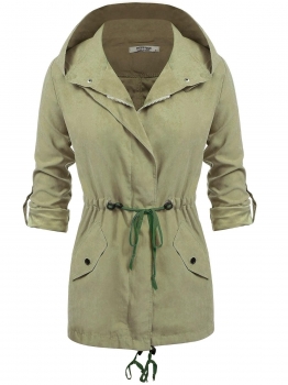 

Army green Women Roll Up Sleeve Zip-Up Solid Drawstring Hooded Military Jacket, Multicolor