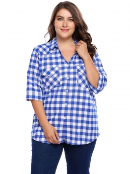 

White blue Plaid Plus Size 3"4 Sleeve Button-up Shirts, Multicolor