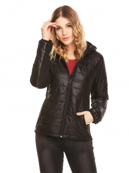 

Black Lightweight Hooded Full Zip Patchwork Slim Fit Casual Quilted Coat with Thumb Hole, Multicolor