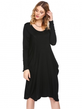 

Black Round Neck Long Sleeve Loose Baggy Casual Dress, Multicolor