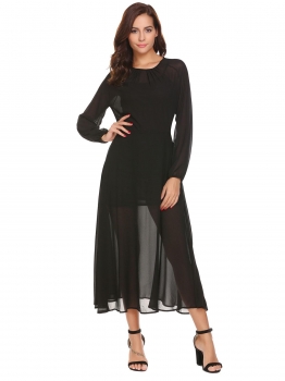 

Black Long Sleeve Pleated Front Chiffon Maxi Dress, Multicolor