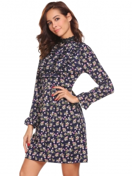 

Navy blue Stand Collar Long Sleeve Ruffles Floral Ruched Waist Casual Party Dress, Multicolor