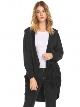 

Black Women Open Front Drawstring Split Loose Hoodies, Multicolor