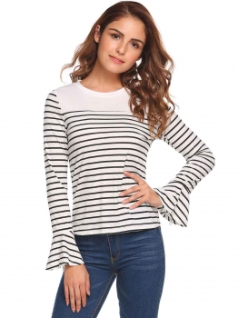 

White Striped Flare Long Sleeve Tops, Multicolor