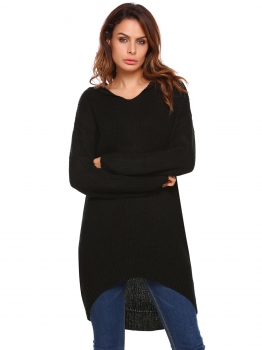 

Black Hooded Long Sleeve Solid Loose Sweater, Multicolor